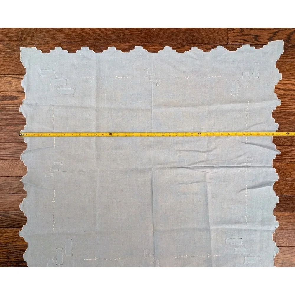 Vtg MCM Small Light Blue White Accent Tablecloth Linen Square 35x35